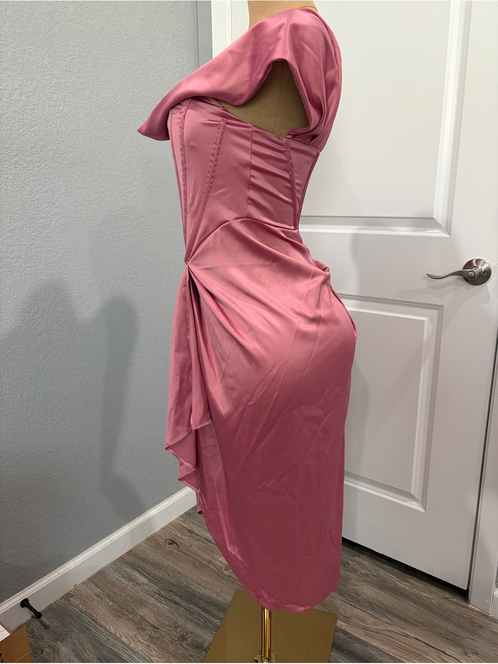 One-Shoulder Rose Pink Cocktail Dress with Draped Skirt - Picture 2 of 15